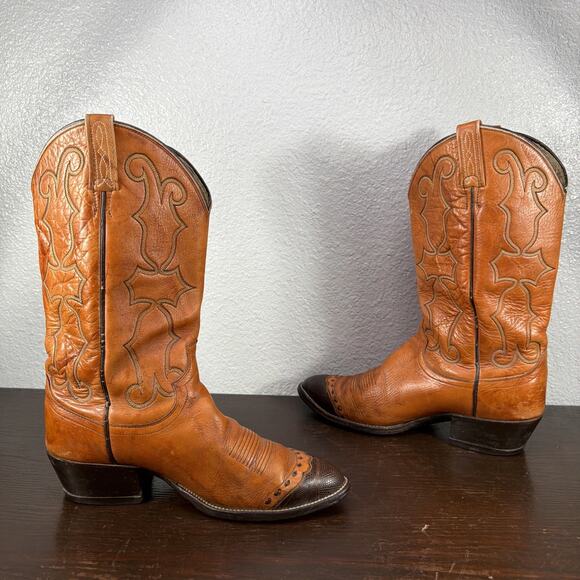 Vtg DAN POST Brown Tan Leather Pointy Toe Cowboy Western Rodeo Boots Size 9 EW main image 4